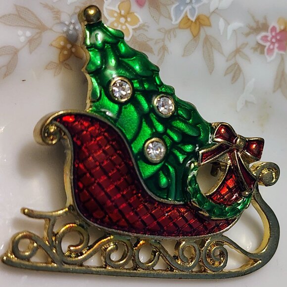 Vtg 40s 50s Eisenberg Ice Santa Sleigh, Christmas Tree Bow Brooch Signed 1.5" - Picture 1 of 5